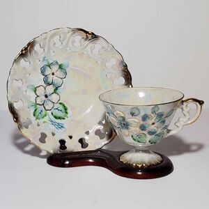 EFCCO Teacup and Saucer Blue White Textured Flowers Reticulated Opalescent